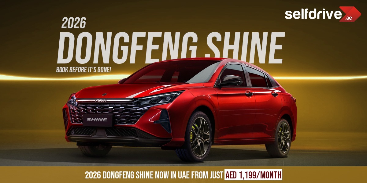 Red 2026 Dongfeng Shine SUV displayed against a gold background. Bold text promotes leasing in UAE from AED 1,199/month. Sporty and modern feel.